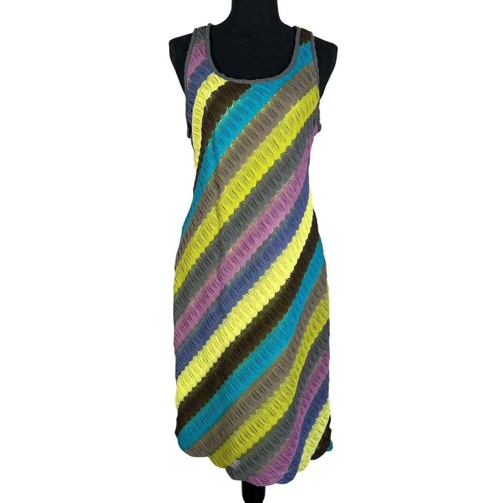 Muse Y2K Pointelle Crochet Striped Mini Beach Dress Lime‎ Multicolor Sz 10